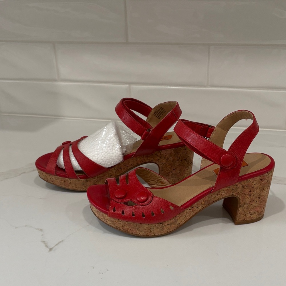 Miz Mooz Ruby Red Leather Cork Platform Wedge Sandal Cutout Retro Boho 7